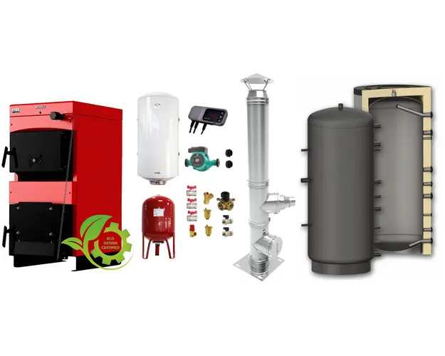 Pachet Centrala pe combustibil solid ​Sunsystem Burnit NWB MAX 25 kW, puffer, cos inox, boiler termoelectric, vas expansiune, pompa circulare, controller pompa, fitinguri montaj