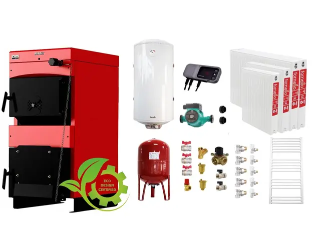 Pachet Centrala pe combustibil solid ​Sunsystem Burnit NWB MAX 25 kW, calorifere, boiler termoelectric, vas expansiune, pompa circulare, controller pompa, fitinguri montaj