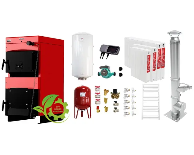Pachet Centrala pe combustibil solid ​Sunsystem Burnit NWB MAX 25 kW, cos inox, calorifere, boiler termoelectric, vas expansiune, pompa circulare, controller pompa, fitinguri montaj