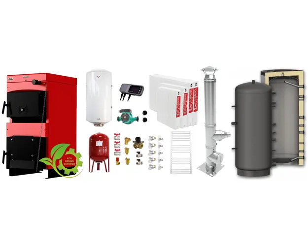 Pachet Centrala pe combustibil solid ​Sunsystem Burnit NWB MAX 25 kW, puffer, cos inox, calorifere, boiler termoelectric, vas expansiune, pompa circulare, controller pompa, fitinguri montaj