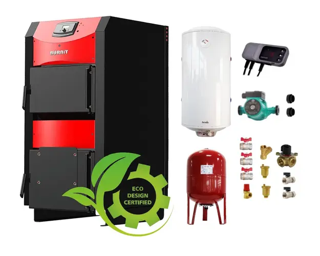 Pachet Centrala pe combustibil solid ​Sunsystem Burnit NWB PRIME 30 kW, boiler termoelectric, vas expansiune, pompa circulare, controller pompa, fitinguri montaj