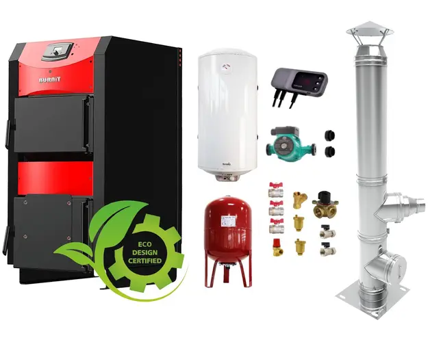 Pachet Centrala pe combustibil solid ​Sunsystem Burnit NWB PRIME 40 kW, cos inox, boiler termoelectric, vas expansiune, pompa circulare, controller pompa, fitinguri montaj