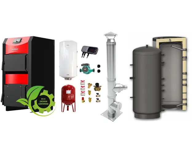 Pachet Centrala combustibil solid ​Sunsystem Burnit NWB PRIME 30 kW, puffer, cos inox, boiler termoelectric, vas expansiune, pompa circulare, controller pompa, fitinguri montaj