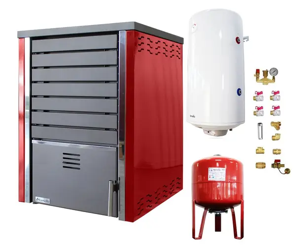 Pachet Centrala pe lemne FORNELLO SAUNA RED 30 kw echipata cu pompa de circulare, boiler termoelectric 100l, vas expansiune si kit montaj