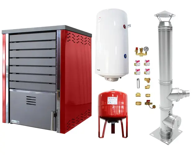 Pachet Centrala pe lemne FORNELLO SAUNA RED 30 kw echipata cu pompa de circulare, cos inox, boiler termoelectric 100l, vas expansiune si kit montaj