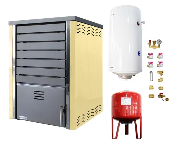 Pachet Centrala pe lemne FORNELLO SAUNA CREAM 30 kw echipata cu pompa de circulare, boiler termoelectric 100l, vas expansiune si kit montaj