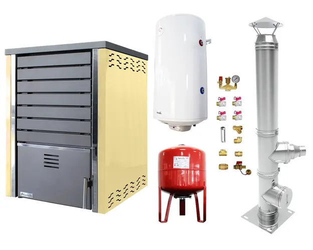Pachet Centrala pe lemne FORNELLO SAUNA CREAM 30 kw echipata cu pompa de circulare, cos inox, boiler termoelectric 100l, vas expansiune si kit montaj