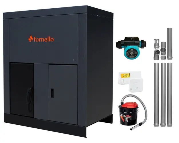 Pachet Centrala pe peleti Fornello Eco Energy 40 kW, echipata cu automatizare, pompa, afisaj digital, arzator fonta, curatare mecania a drumurilor de fum, buncar peleti integrat 100 kg, kit evacuare 3.5 ml, termostat ambient si aspirator cenusa