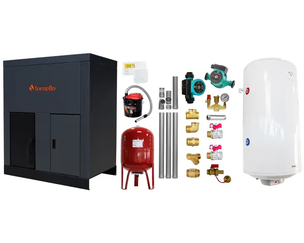 Pachet Centrala pe peleti Fornello Eco Energy 40 kW, echipata cu automatizare, pompa, afisaj digital, arzator fonta, curatare mecania a drumurilor de fum, buncar peleti integrat 100 kg, boiler termoelectric, kit evacuare, aspirator, termostat, vas ex