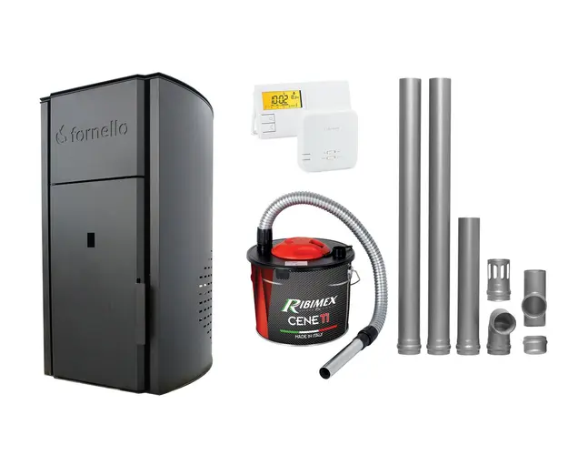 Pachet Centrala pe peleti Fornello Royal Black 25 kW, complet echipata cu pompa, vas expansiune, automatizare, culoare negru, kit evacuare 2.5 ml, Termostat Radio Comanda Salus 091FLRFV2 si Aspirator Cenusa