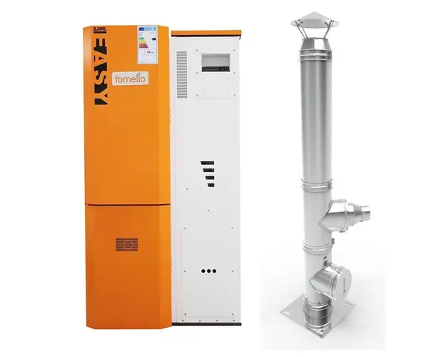 Pachet Centrala pe peleti Fornello Slimpel Easy 25 kw, arzator inox, pompa de circulatie, tiraj fortat 80 mm, pompa electronica Grundfos, sistem curatare mecanica, A+, Cos inox 6 ml 120 mm