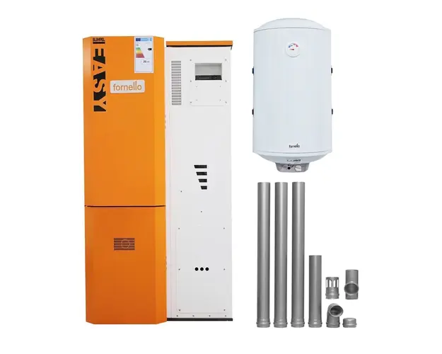 Pachet Centrala pe peleti Fornello Slimpell Easy 25 kw, arzator inox, pompa de circulatie, pompa electronica Grundfos, A+, Boiler Termoelectric Fornello 100l, kit evacuare 100 mm, 3,5 metri si reductie 100 -120 mm