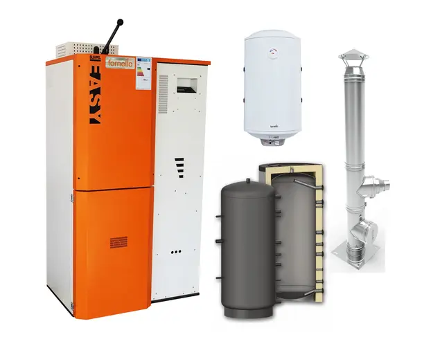 Pachet Centrala pe peleti Fornello Slimpell Easy 40 kw, arzator din inox, pompa de circulatie, tiraj fortat, buncar 88 kg, Ecodesign A+, Puffer P 500l, Cos inox 6 ml 120 mm, Boiler Termoelectric Fornello 100l