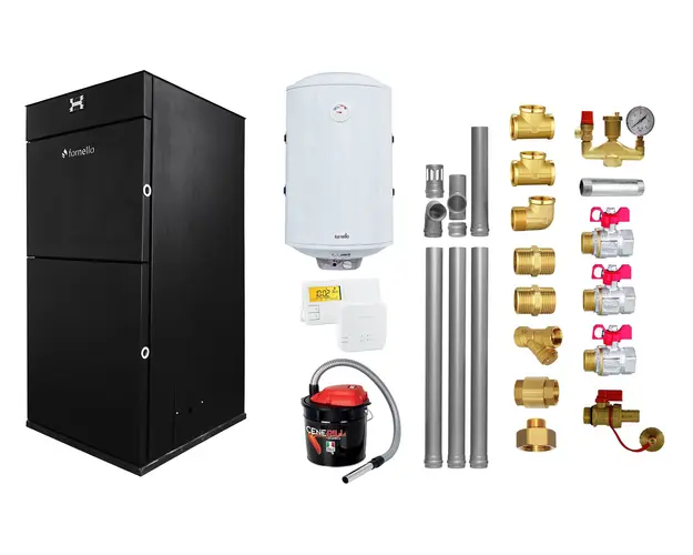 Pachet Centrala peleti Fornello Pellet King 25 kw, complet echipata pentru incalzire, pompa circulatie, vas expansiune, automatizare, kit evacuare 3.5 ml, Boiler Termoelectric Fornello 100 l, Termostat Salus 091FLRFV2, Aspirator si kit montaj