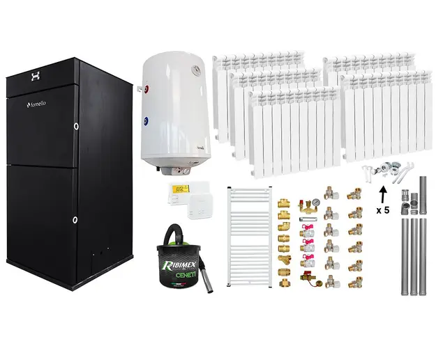 Pachet Centrala peleti Fornello Pellet King 25 kw, complet echipata, pompa circulatie, vas expansiune, automatizare, Calorifere aluminiu, Boiler, kit evacuare 3.5 ml, Aspirator Cenusa, Termostat Salus 091FLRFV2 si Fitinguri