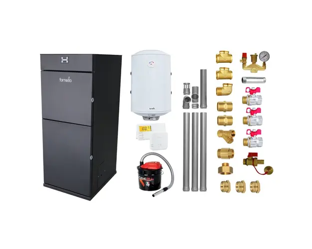 Pachet Centrala peleti Fornello Pellet King 30 kw, complet echipata pentru incalzire, pompa circulatie, vas expansiune, automatizare, kit evacuare 3.5 ml, Boiler Termoelectric Fornello 100 l, Termostat SALUS 091FLRF, Aspirator si kit montaj