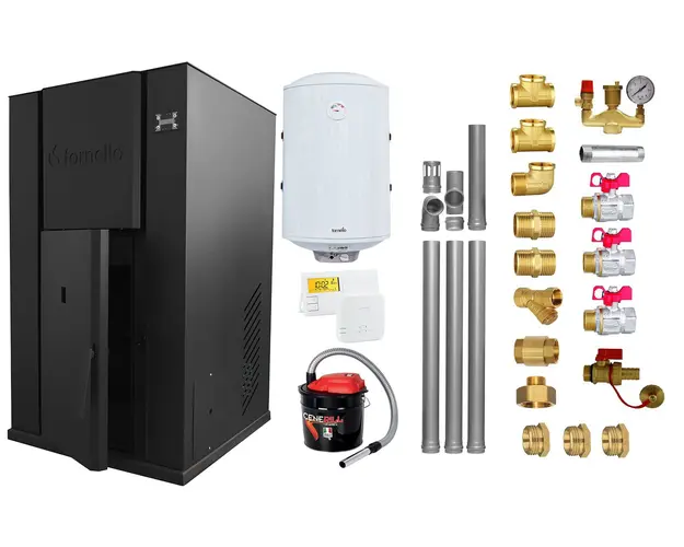 Pachet Centrala peleti Fornello Pellet King 35 kw, complet echipata pentru incalzire, pompa circulatie, vas expansiune, automatizare, kit evacuare 3.5 ml, Boiler Termoelectric Fornello 100 l,Termostat Salus 091FLRFV2, Aspirator si kit montaj