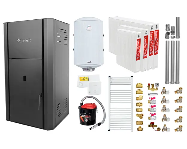 Pachet Centrala peleti Fornello Primo Pellet Black 25 kw, complet echipata pentru incalzire, pompa, vas expansiune, automatizare, kit evacuare 3.5 ml, Boiler Termoelectric 100 l, Termostat Salus 091FLRFV2, Aspirator , Calorifere si kit montaj