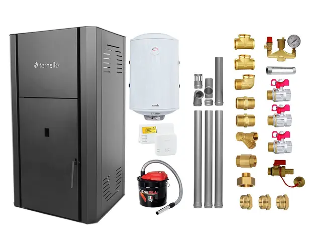 Pachet Centrala peleti Fornello Primo Pellet Black 30 kw, complet echipata pentru incalzire, pompa, vas expansiune, automatizare, kit evacuare 3.5 ml, Boiler Termoelectric Fornello 100 l, Termostat Salus 091FLRFV2, Aspirator si kit montaj