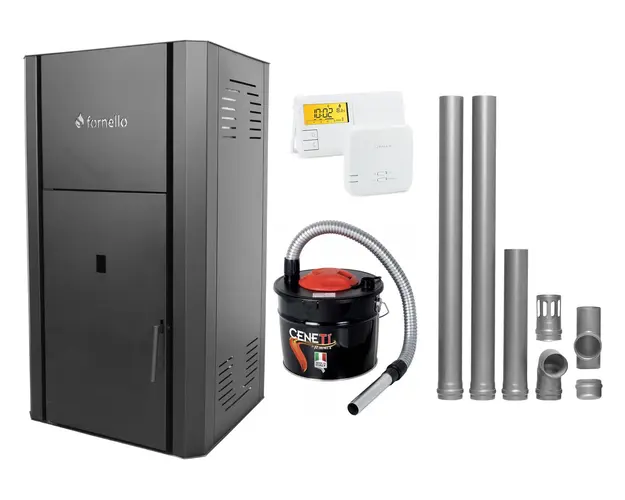 Pachet Centrala peleti Fornello Primo Pellet Black 30 kw, complet echipata cu pompa, vas expansiune, automatizare, culoare negru, kit evacuare 2.5 ml, Termostat Salus 091FLRFV2, Aspirator Cenusa