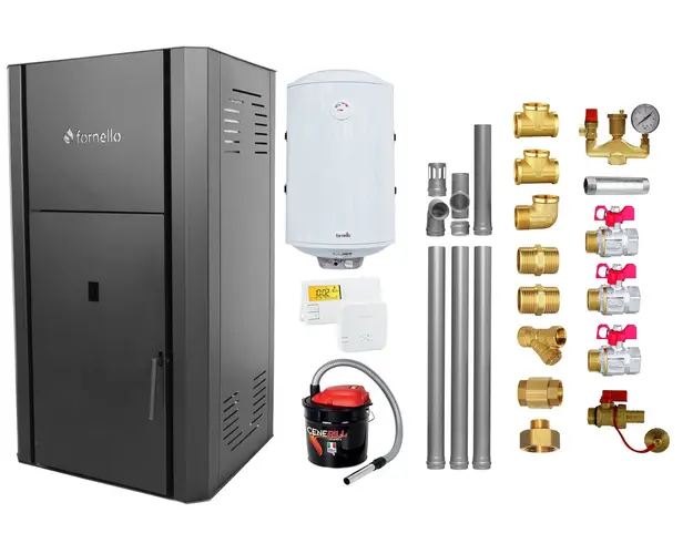 Pachet Centrala peleti Fornello Primo Pellet Black 25 kw, complet echipata pentru incalzire, pompa, vas expansiune, automatizare, kit evacuare 3.5 ml, Boiler Termoelectric Fornello 100 l, Termostat Salus 091FLRFV2, Aspirator si kit montaj