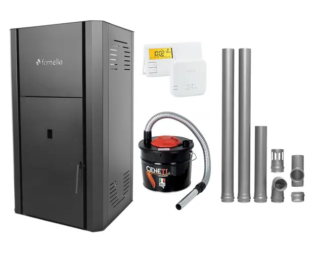 Pachet Centrala peleti Fornello Primo Pellet Black 25 kw, complet echipata pentru incalzire, pompa circulatie, vas expansiune, automatizare, kit evacuare 2.5 ml, Termostat Salus 091FLRFV2, Aspirator Cenusa