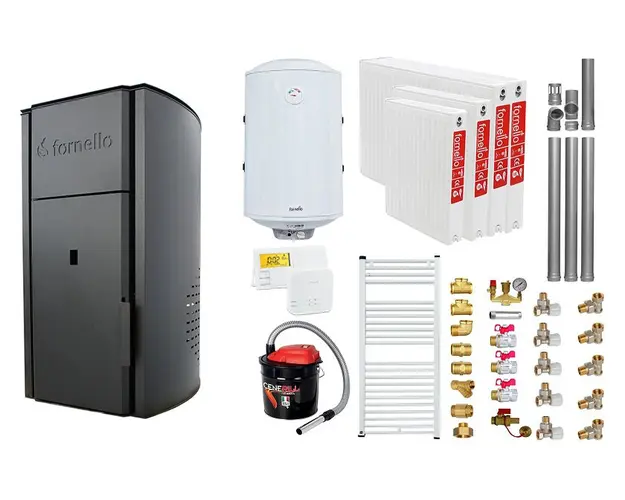 Pachet Centrala peleti Fornello Royal B 25 kw, complet echipata pentru incalzire, pompa circulatie, vas expansiune, automatizare, kit evacuare 3.5 ml, Boiler Termoelectric Fornello 100 l, Termostat Salus 091FLRFV2, Aspirator, Radiatoare si kit mo