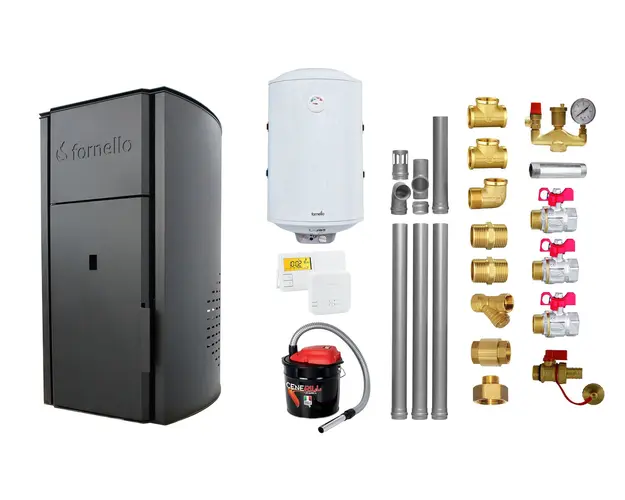 Pachet Centrala peleti Fornello Royal B 25 kw, complet echipata pentru incalzire, pompa circulatie, vas expansiune, automatizare, kit evacuare 3.5 ml, Boiler Termoelectric Fornello 100 l, Termostat Salus 091FLRFV2, Aspirator si kit montaj