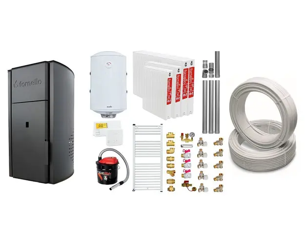 Pachet Centrala peleti Fornello Royal B 25 kw, complet echipata pentru incalzire, pompa circulatie, teava hidronix, vas expansiune, automatizare, kit evacuare 3.5 ml, Boiler Termoelectric Fornello 100 l, Termostat Salus 091FLRFV2, Aspirator, Radi