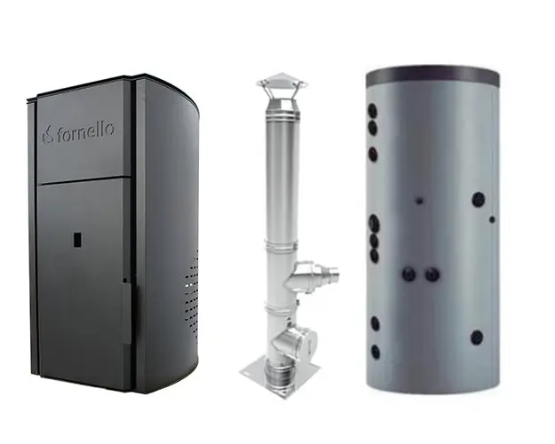 Pachet centrala peleti Fornello Royal Black 25 kw, cos de fum inox izolat dn 120 6 metri si puffer 500 litri