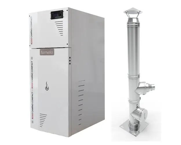 Pachet Centrala termica compacta pe peleti Fornello Rossi Camino Compact 35 kw, pompa de circulatie, vas expansiune, tiraj fortat,Ecodesign, A+, Cos inox 6 ml 120 mm
