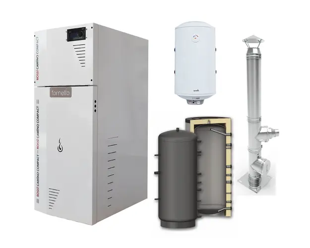 Pachet Centrala termica compacta pe peleti Fornello Rossi Camino Compact 35 kw, pompa de circulatie, vas expansiune, tiraj fortat,Ecodesign, A+, Puffer P 500l, Cos inox 6 ml 120 mm, Boiler Termoelectric Fornello 100l