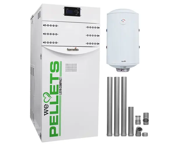 Pachet Centrala termica pe peleti Fornello Lidya Compact 25 kw, echipata cu pompa electronica Grundfos, vas expansiune, manometru, aerisitor, supapa, arzator inox, A+, Cos inox 6 ml 120 mm