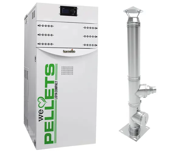 Pachet Centrala termica pe peleti Fornello Lidya Compact 25 kw, echipata cu pompa electronica Grundfos, vas expansiune, manometru, aerisitor, supapa, arzator inox, A+, Cos inox 6 ml 120 mm