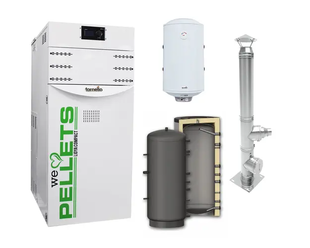 Pachet Centrala termica pe peleti Fornello Lidya Compact 25 kw, echipata cu pompa electronica Grundfos, vas expansiune, manometru, aerisitor, supapa, arzator inox, A+, Puffer P 500l, Cos inox 6 ml 120 mm, Boiler Termoelectric Fornello 10