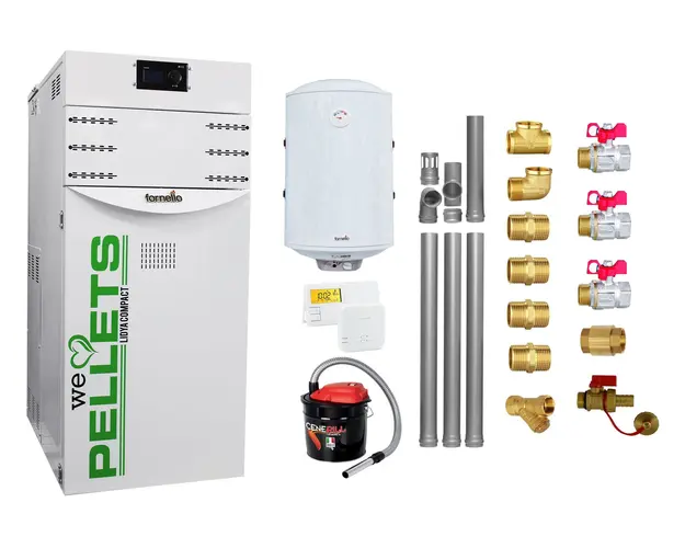Pachet Centrala termica pe peleti Fornello Lidya Compact 25 kw, pompa Grundfos, arzator inox, curatare mecanica arzator si schimbator, A+, Kit evacuare 3.5 ml, Boiler Fornello 100 l, Termostat Salus 091FLRFV2, Aspirator si Kit montaj