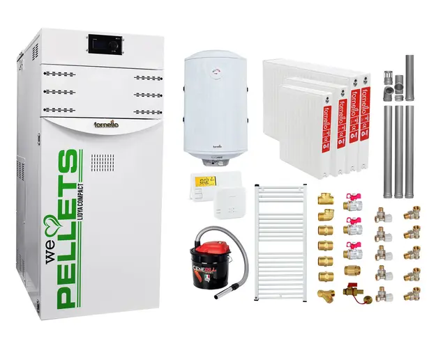 Pachet Centrala termica pe peleti Fornello Lidya Compact 25 kw, pompa Grundfos, arzator inox, curatare mecanica arzator si schimbator, A+, Kit evacuare 3.5 ml, Boiler Fornello 100 l, Termostat Salus 091FLRFV2, Aspirator, Radiatoare si Kit montaj