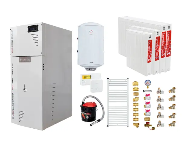 Pachet Centrala termica pe peleti Fornello Rossi Camino Compact 35 kw, pompa de circulatie, vas expansiune, tiraj fortat, Ecodesign, A+, Boiler Termoelectric Fornello 100 l, Termostat Salus 091FLRFV2, Aspirator, Radiatoare si Kit