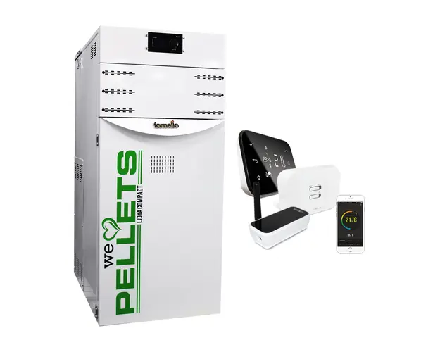 Pachet control de la distanta Centrala termica pe peleti Fornello Lidya Compact 25 kw, curatare mencanica arzator si drumuri de fum echipata cu pompa electronica Grundfos, arzator inox si termostat Wi-Fi Salus IT 500