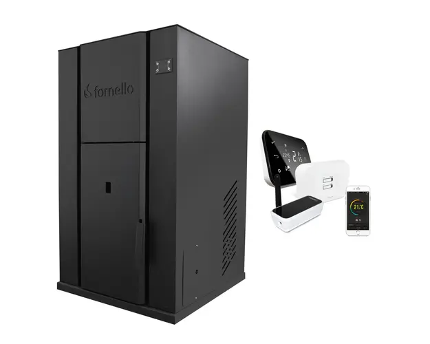 Pachet control de la distanta Centrala monobloc pe peleti Fornello Pellet King 35 kw, pompa, vas de expansiune, supapa, automatizare, tiraj fortat, buncar peleti 80 litri, aprindere automata si termostat Wi-Fi Salus IT 500