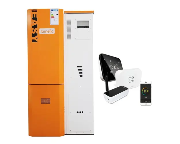 Pachet control de la distanta Centrala pe peleti Fornello Slimpel Easy 25 kw, arzator inox, sistem curatare arzator, pompa, tiraj fortat, buncar 135 litri, A+ si termostat Wi-Fi Salus IT 500
