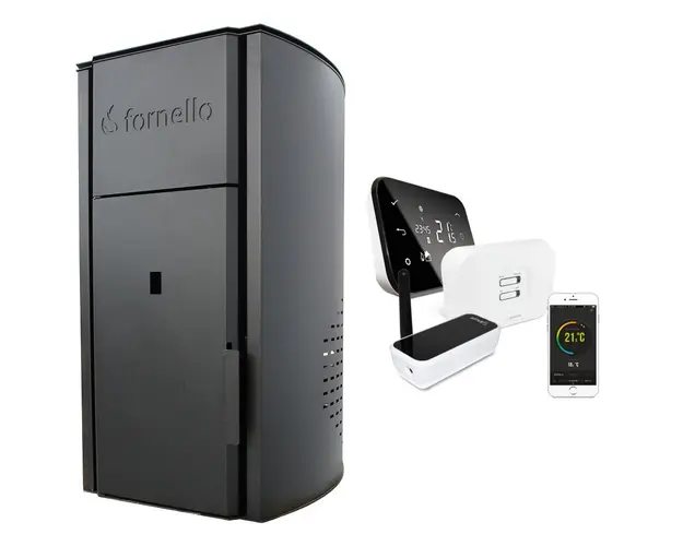 Pachet control de la distanta Centrala pe peleti Fornello Royal BLACK 30 kw, complet echipat cu pompa de circulatie, vas expansiune, supapa de siguranta, buncar 30 kg, automatizare, culoare negru, pana la 200 mp si termostat Wi-Fi Salus IT 500