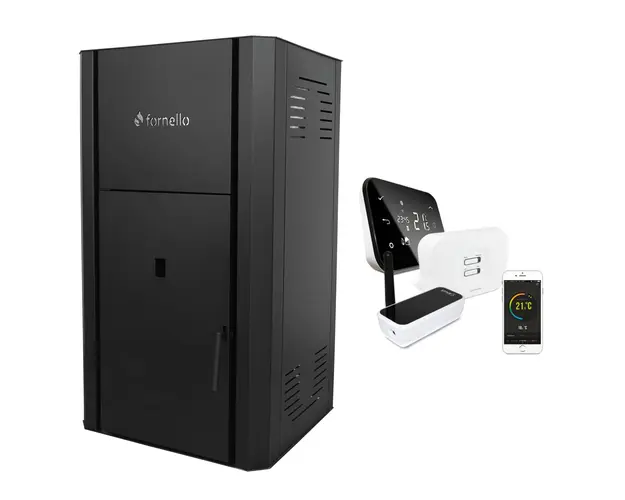 Pachet control de la distanta Centrala pe peleti Fornello Primo Pellet Black 30 kw, pompa, vas expansiune, supapa, buncar peleti 30 kg, automatizare, pana la 200 mp si termostat Wi-Fi Salus IT 500 