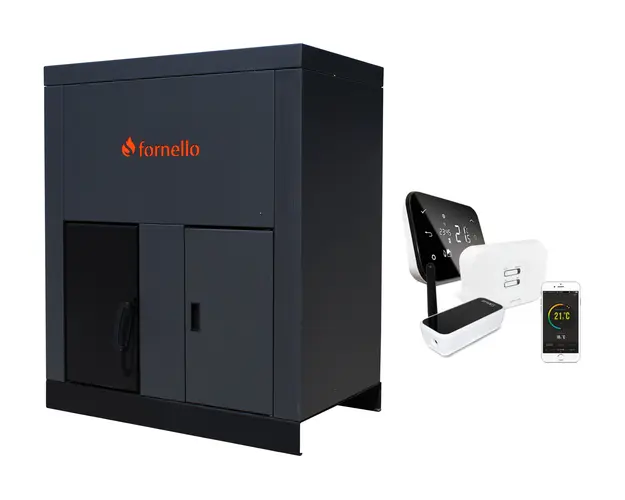 Pachet control de la distanta Centrala pe peleti Fornello Eco Energy 35 kW, echipata cu automatizare, afisaj digital, arzator fonta, curatare mecania a drumurilor de fum, buncar peleti integrat 75 kg si si termostat Wi-Fi Salus IT 500