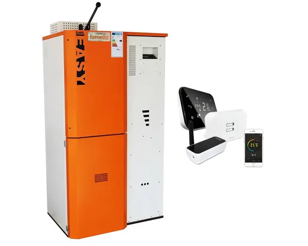 Pachet control de la distanta Centrala pe peleti Fornello Slimpel Easy 40 kw, arzator din inox, pompa, tiraj fortat, buncar 88 kg si termostat Wi-Fi Salus IT 500