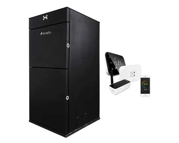 Pachet control de la distanta Centrala peleti Fornello Pellet King 25 kw, pompa, vas expansiune, telecomanda, buncar 70 kg, tiraj fortat, aprindere automata, curatare facila si si termostat Wi-Fi Salus IT 500