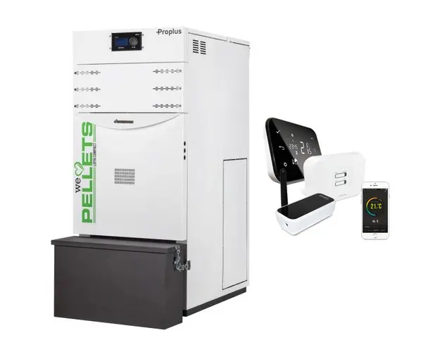 Pachet control de la distanta Centrala termica automata pe peleti Fornello Lidya Compact Proplus 25 kw, pompa Grundfos, vas, manometru, supapa, arzator inox, curatare automata arzator / schimbator si termostat Wi-Fi Salus IT 500