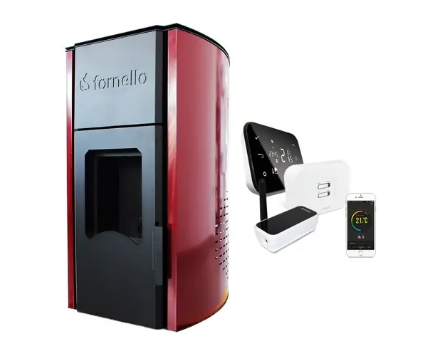 Pachet control de la distanta Termosemineu centrala peleti Fornello Royal Bordeaux 25 kw, complet echipat pentru incalzire, pompa, vas expansiune, automatizare, telecomanda, buncar peleti tiraj fortat si termostat Wi-Fi Salus IT 500