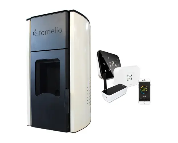 Pachet control de la distanta Termosemineu centrala peleti Fornello Royal Ivory 25 kw, complet echipat pentru incalzire, pompa, vas expansiune, automatizare, telecomanda, buncar peleti tiraj fortat si termostat Wi-Fi Salus IT 500