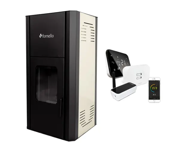 Pachet control de la distanta Termosemineu pe peleti Fornello Primo Pellet Ivory 30 kw, pompa, vas expansiune, supapa, buncar peleti 30 kg, automatizare, pana la 200 mp si termostat Wi-Fi Salus IT 500